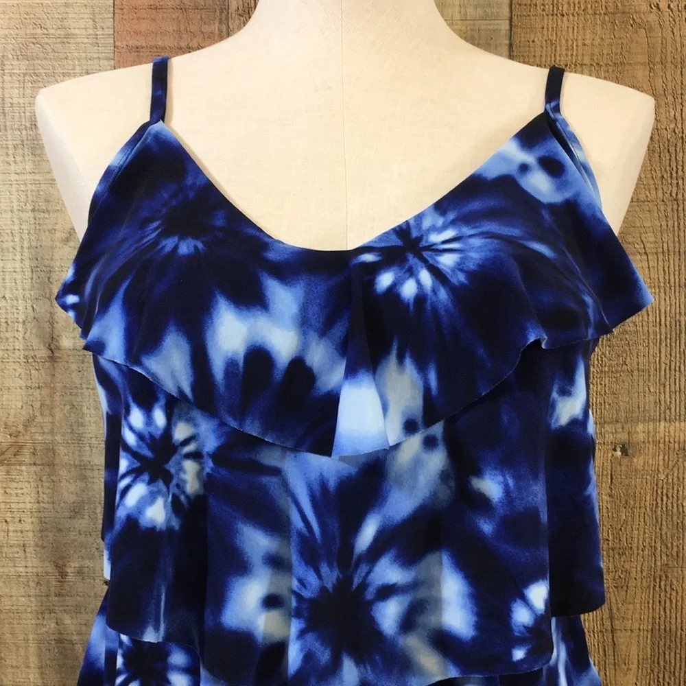 Aqua Green Swim Top Womens‎ Small Blue Tie Dye Ruffle Tiered Tankini